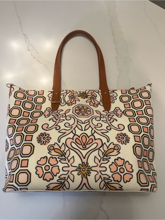 Tory Burch Handbags - Tory Burch Cream Canvas Floral-Print Tote with Tan Leather Handles
